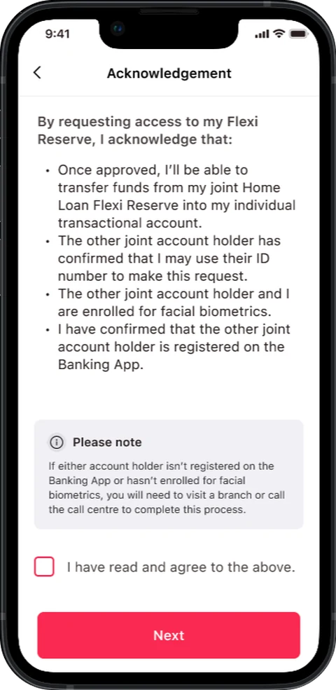 Acknowledgement screen — The customer acknowledges mandate access before continuing.