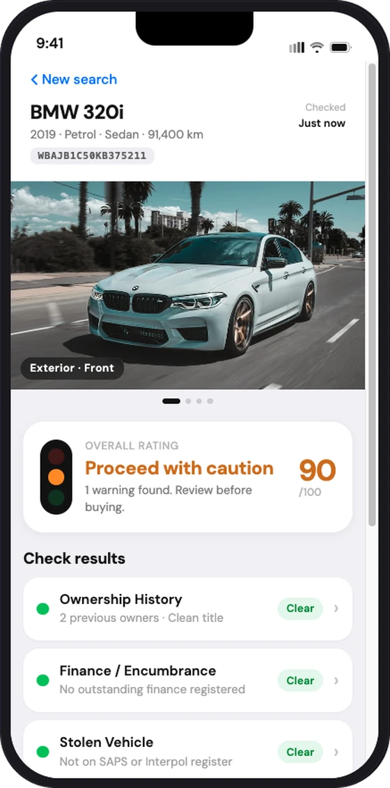 CarX results screen — BMW 320i rated Proceed with caution at 90 out of 100, with individual check results listed below