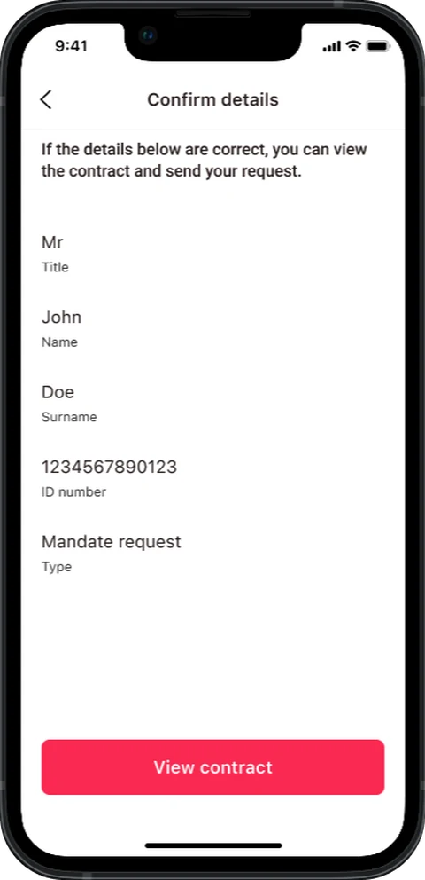 Confirm Details screen — Confirm the partner's details before the request becomes binding.