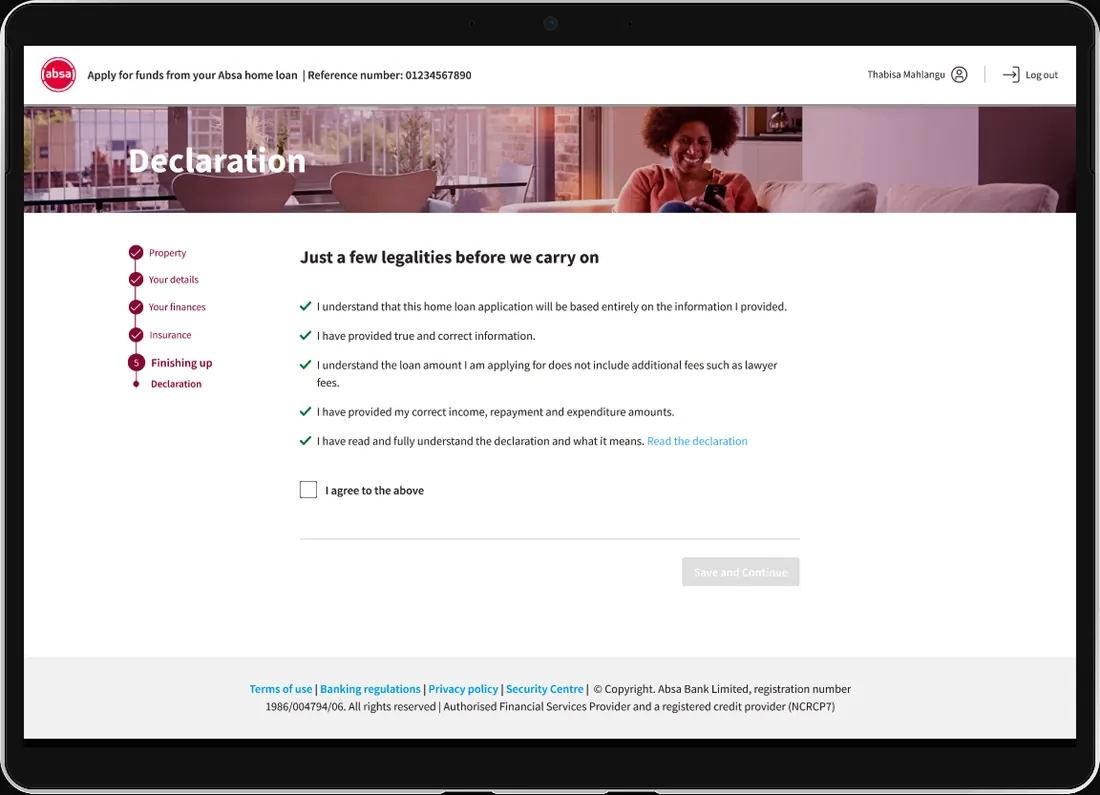 Declaration screen — The customer attests that all information is true and correct.