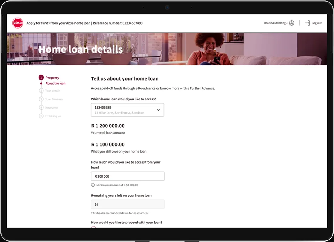 Home Loan Details screen — The customer's home loans, so they can choose which one to draw against.