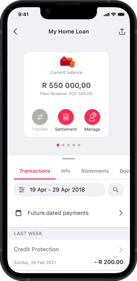 Home Loans Hub screen — A floating Manage button, placed for easy learnability.
