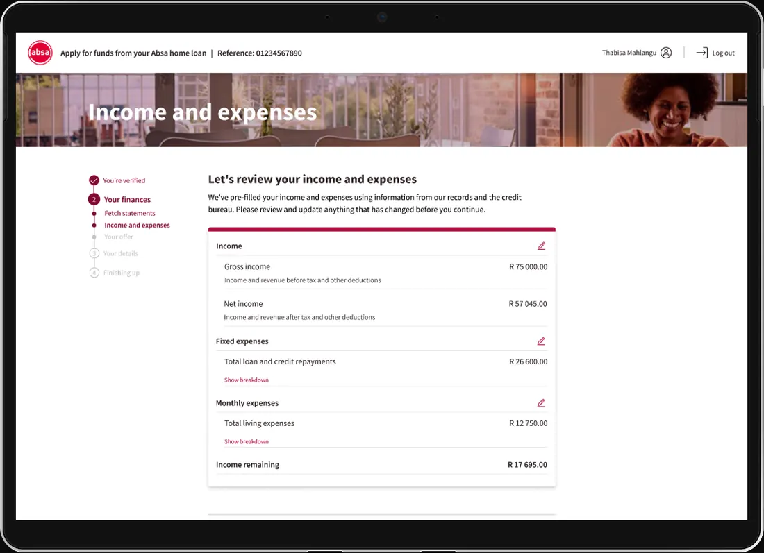 Income and Expenses screen — Pulled from golden sources, for the customer to validate.