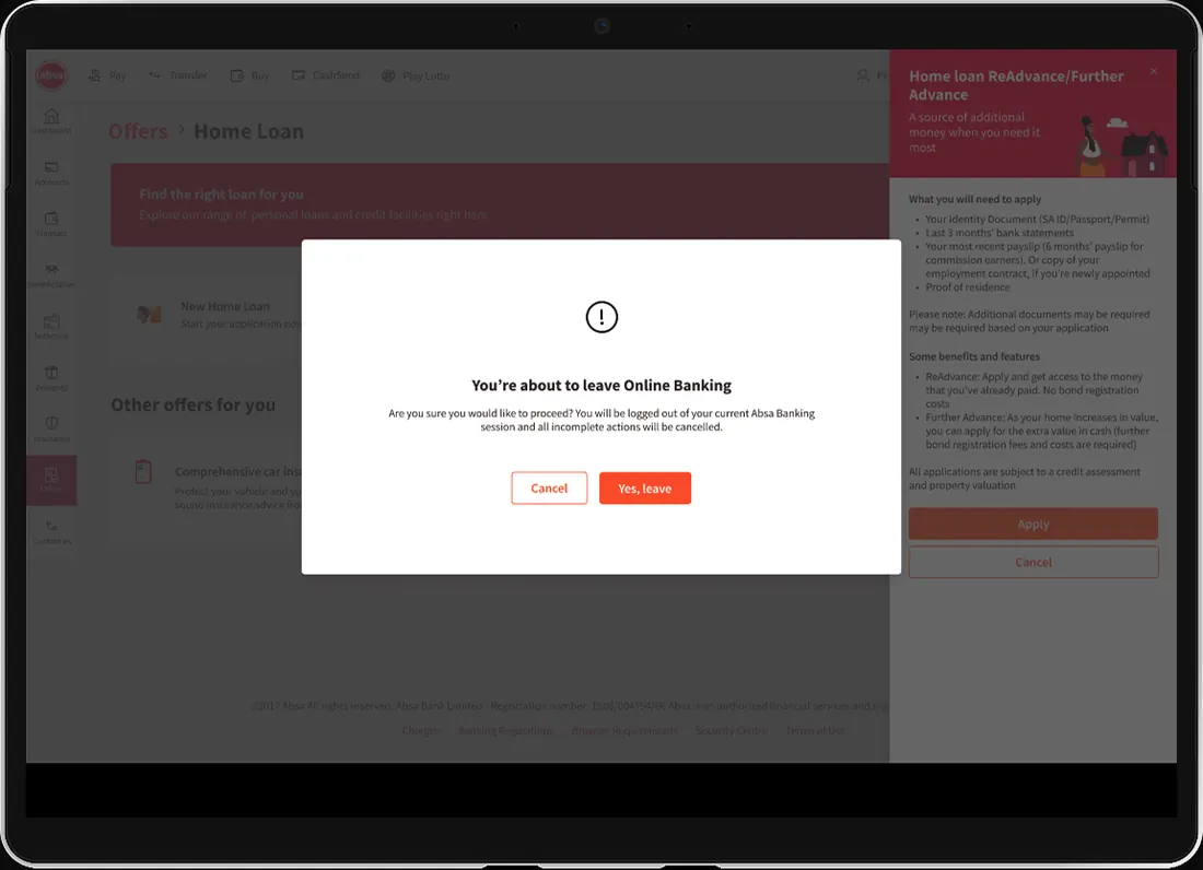 Leaving Online Banking screen — The handover out of online banking, made explicit.
