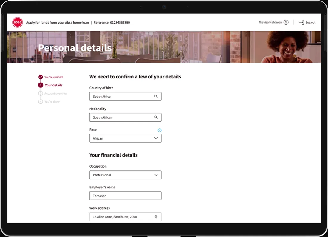Personal Details screen — Pre-populated, like every screen, with what the bank already holds.