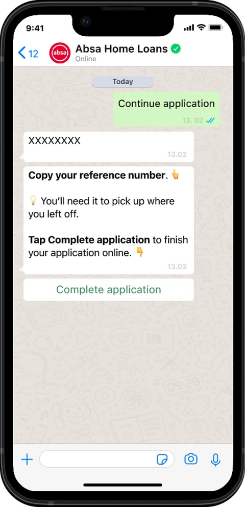 Reference Number screen — The reference number, sent as its own message.