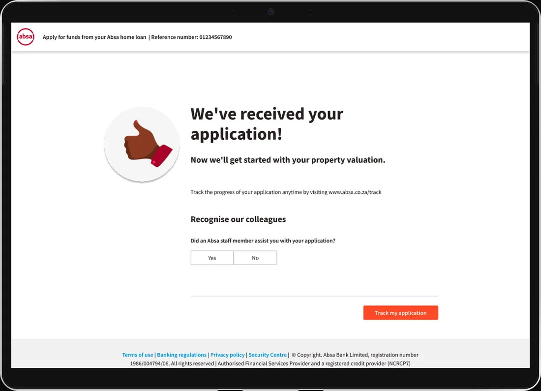 Submitted screen — The completion screen, with the valuation named as the next step.