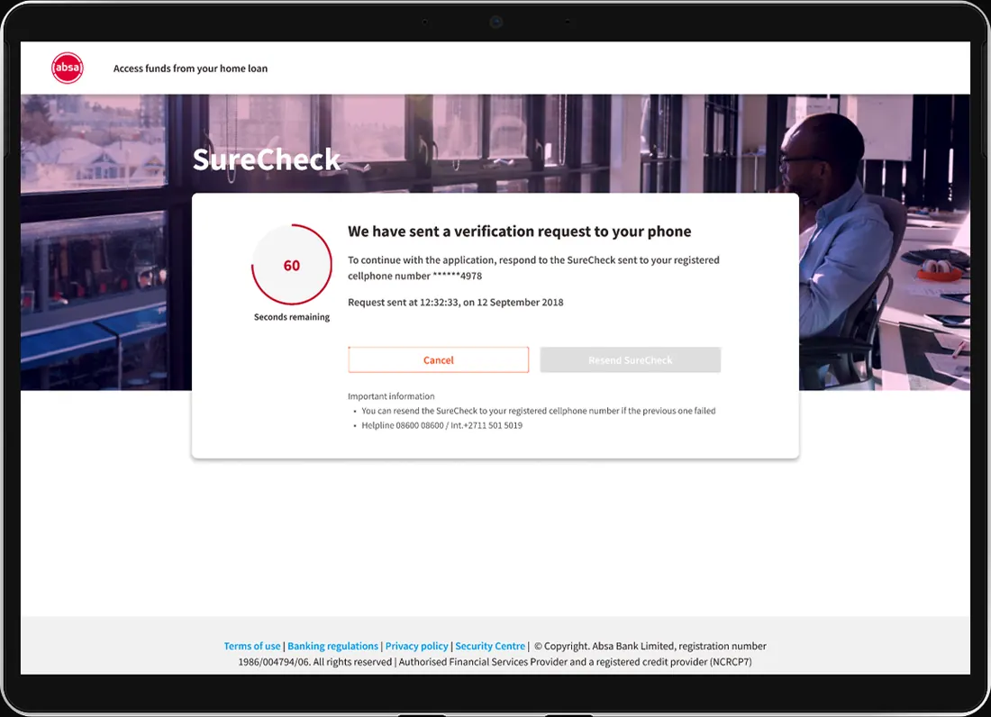 SureCheck screen — Carries the authenticated state across to the Digital Sales Platform.