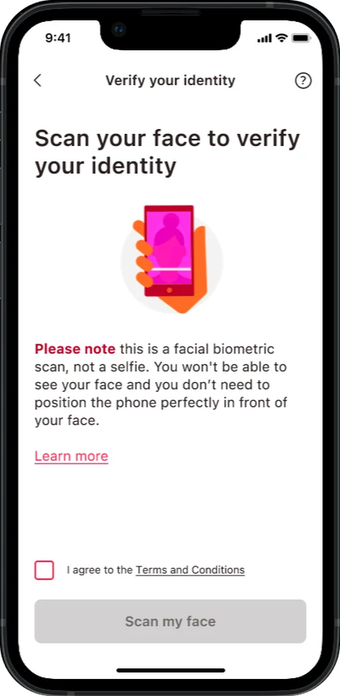 Verify Identity screen — A security step: facial biometrics confirm who the customer is.
